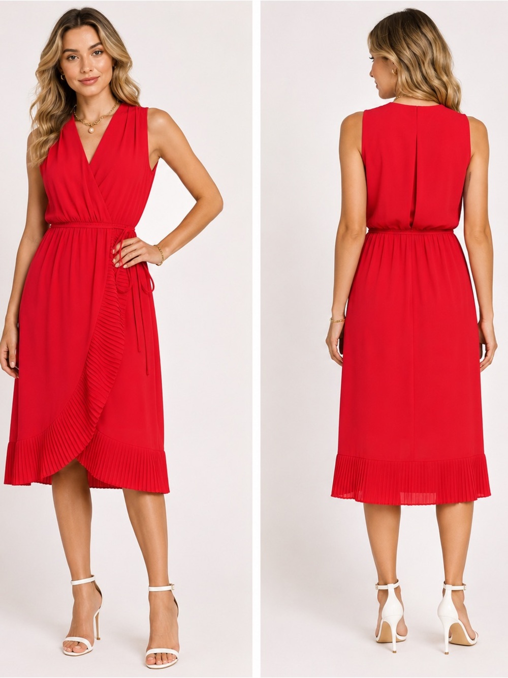 Jessica Howard Coral- Bright Red Sleeveless Wrap Midi Dress Size Medium (8)
